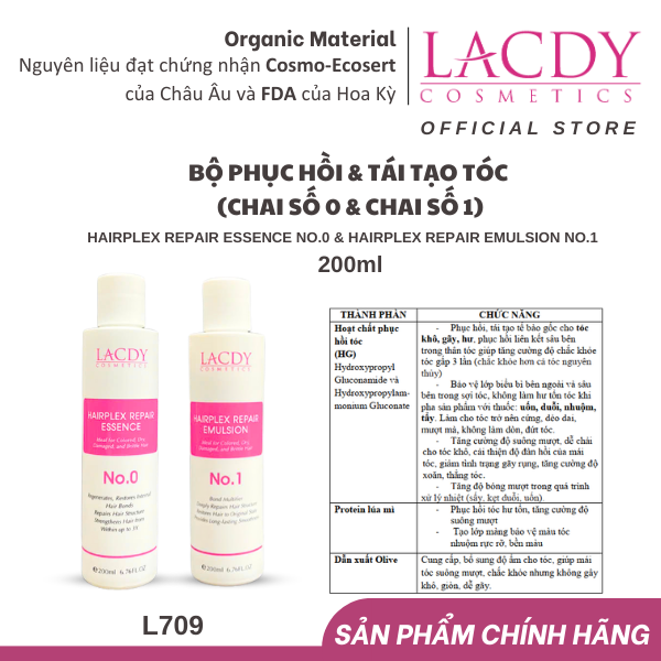 Bộ sản phẩm phục hồi - tái tạo tóc hư tổn Lacdy (L706 L707) Chai số 0 200ml &amp; chai số 1 200ml