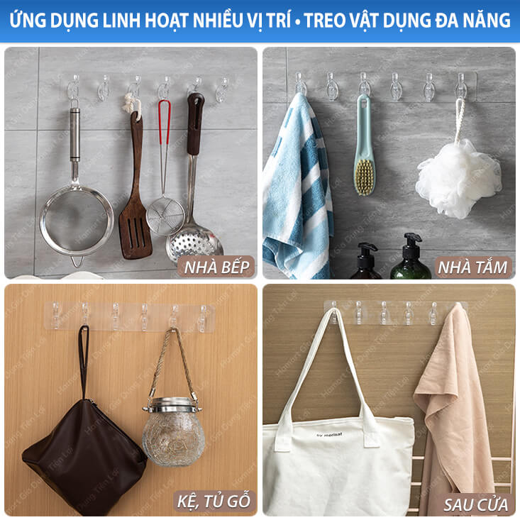 Móc Treo Quần Áo Dán Tường Tường 6 Nhánh Treo Khăn Phòng Tắm Nhà Bếp Đa Năng Siêu Dính Chịu Tải Lớn TẶNG Thanh Cán