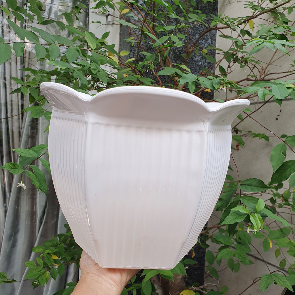 Bộ 2 chậu trồng hoa lục giác sọc màu trắng nhựa dày đẹp 26x20cm