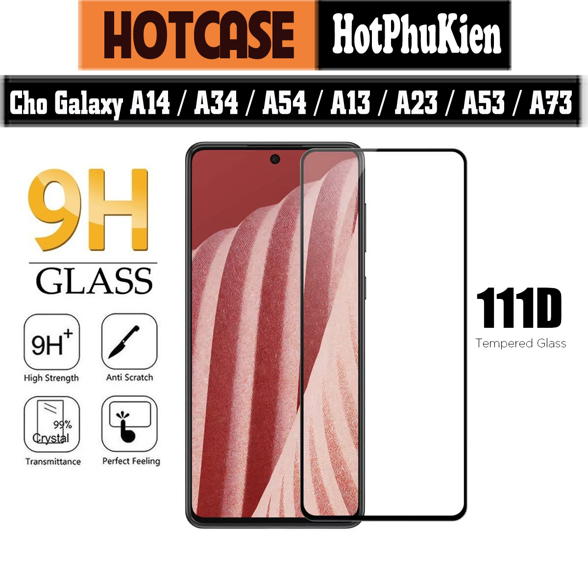 Miếng dán kính cường lực full màn hình 111D cho Samsung Galaxy A14 / A34 / A54 / A13 / A23 / A53 / A73 hiệu HOTCASE 111D (siêu mỏng chỉ 0.3mm, độ trong tuyệt đối, bo cong bảo vệ viền, độ cứng 9H, vát cạnh 2.5D) - Hàng nhập khẩu