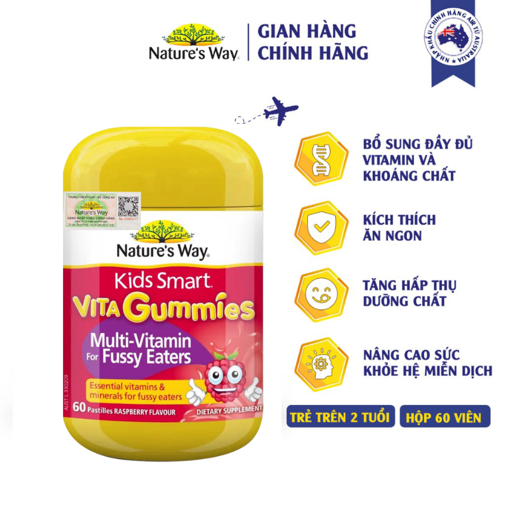 Kẹo Dẻo Vi Chất Cho Bé Nature's Way Kids Smart Vita Gummies Multi Vitamin for Fussy Eaters Kích Thích Ăn Ngon 60 Viên