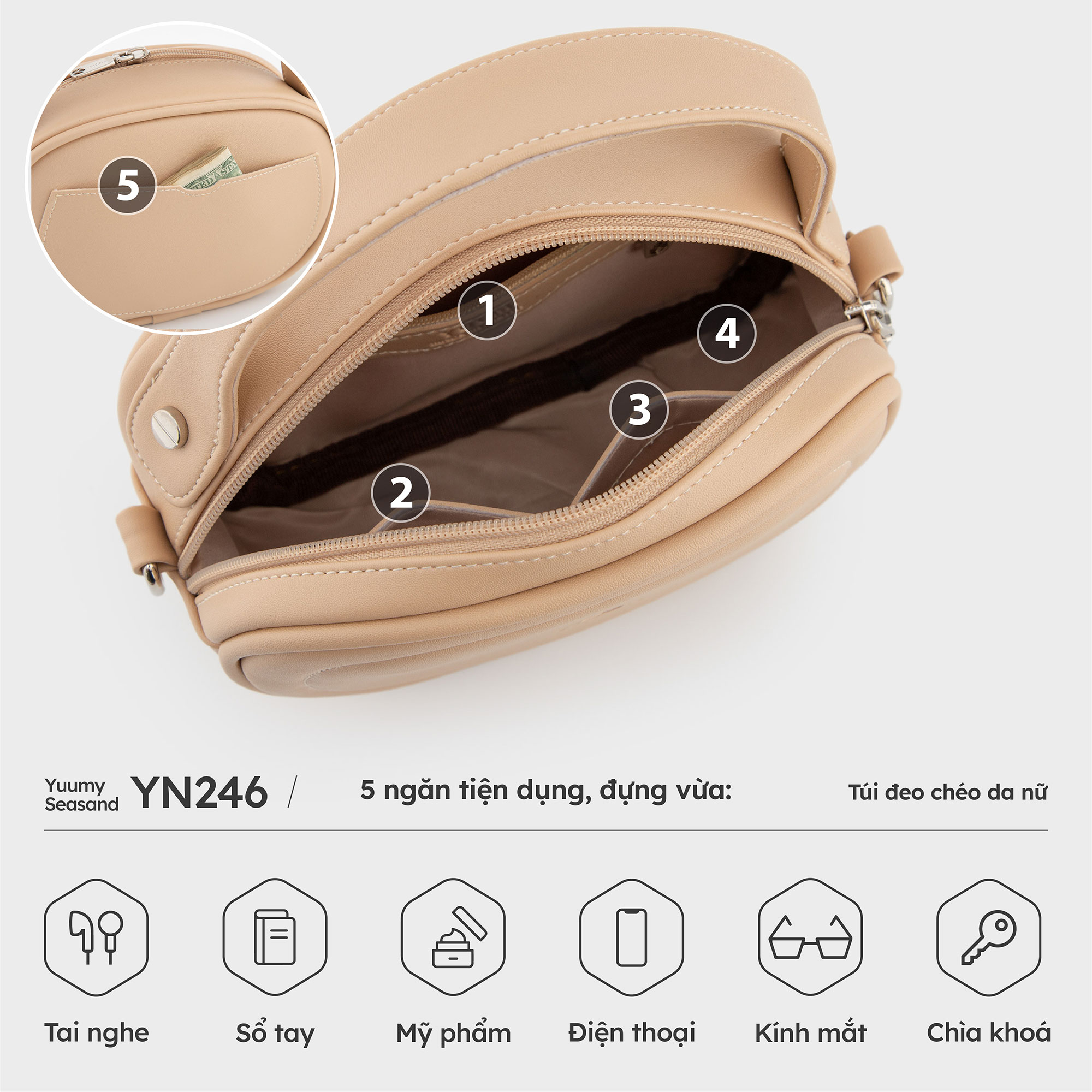 Túi Yuumy ( Thời trang nữ dáng tròn bầu viền chỉ size 20 - Túi đeo chéo da Seasand YN246 )