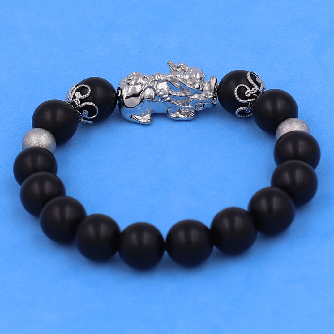 Vòng chuỗi đeo tay gỗ mun 10 ly charm tỳ hưu inox, bi inox, khía bông inox, vòng tay phong thuỷ, vòng tay tỳ hưu