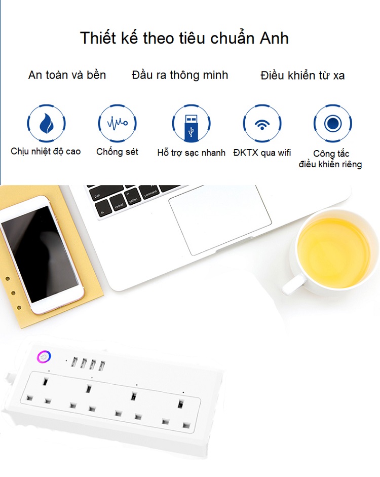 Ổ cắm ĐKTX Wifi 4 ổ cắm với 4 công tắc
