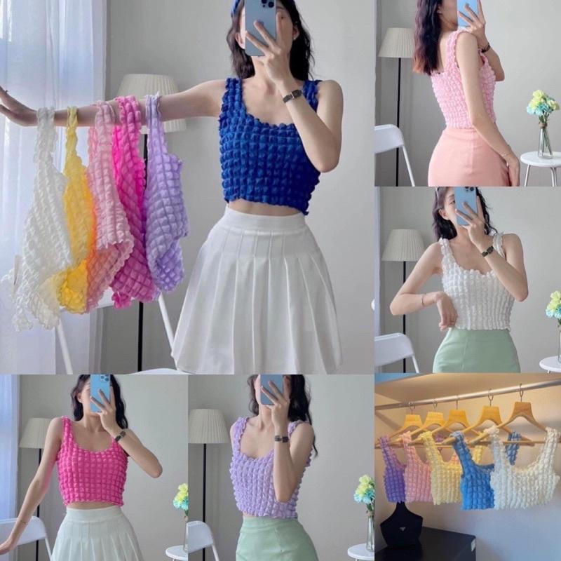 Áo 2 dây xốp phồng ô vuông bản to croptop balỗ đủ màu co giãn siêu xinh. MET SHOP