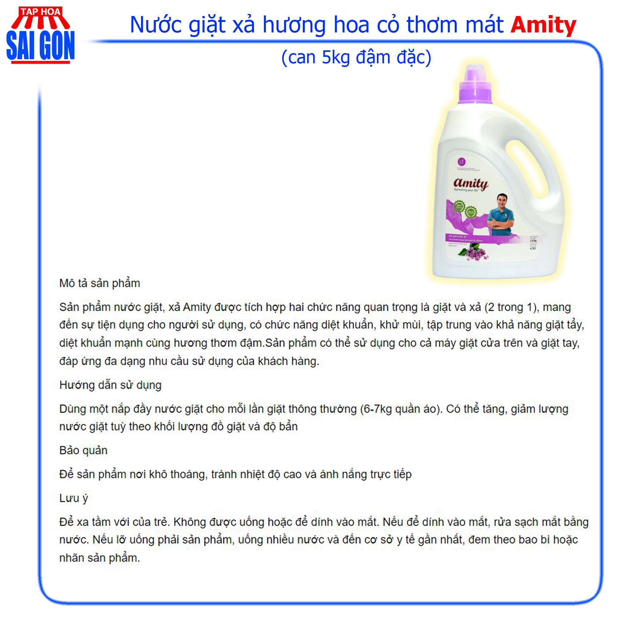 Nước Giặt Xả Amity màu tím hương hoa cỏ thơm mát can 5kg với công nghệ hạt lưu hương giữ mùi thơm nhẹ nhàng suốt cả ngày