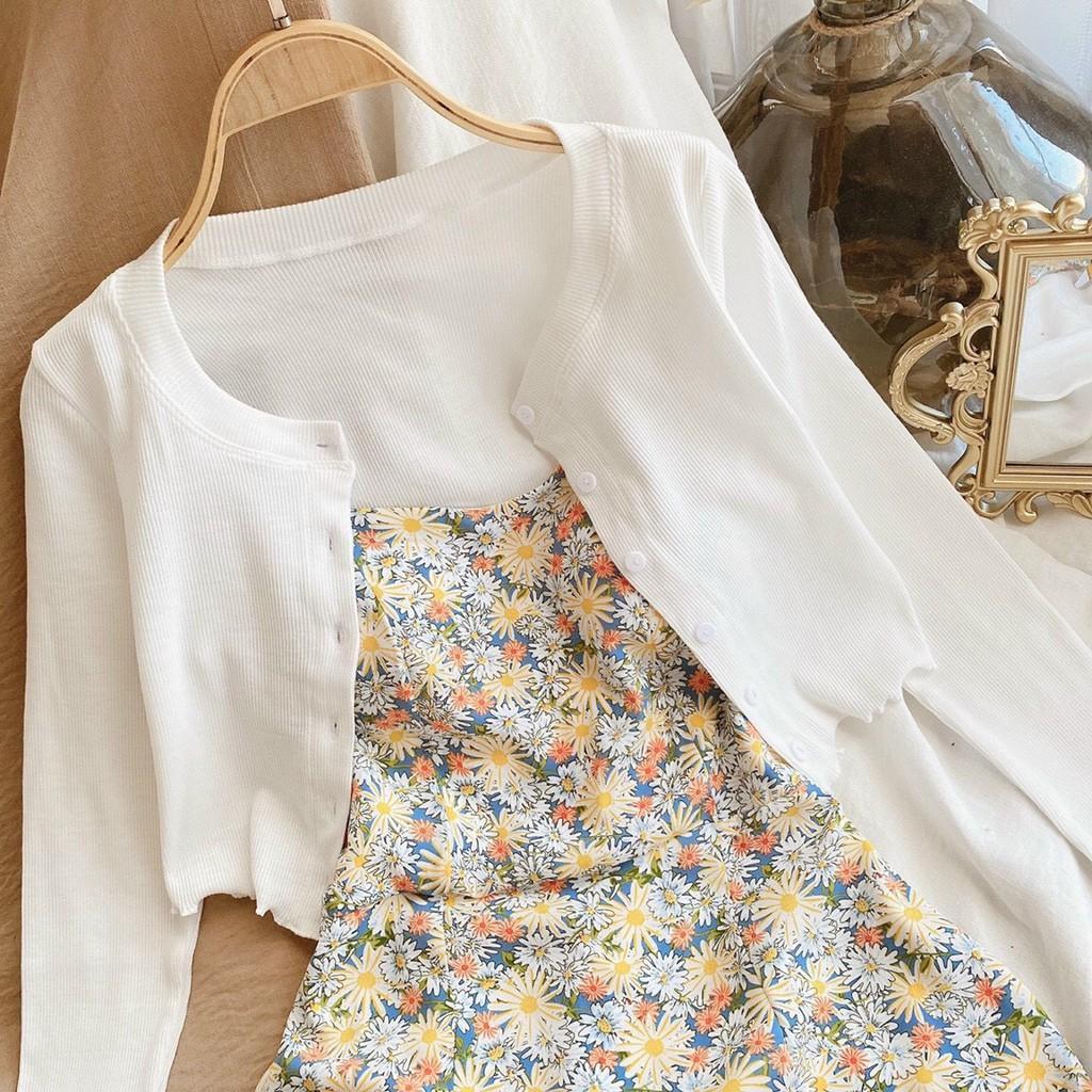 Đầm Nữ Thời Trang Set Áo Croptop Khoác Phối Váy Hoa Hai Dây Xinh Xắn Hot Trend 2021