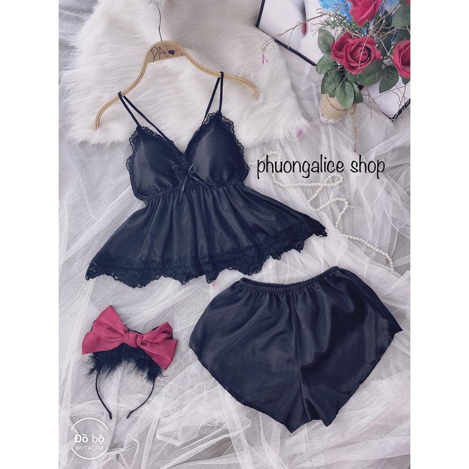 Đồ ngủ sexy nữ, đồ ngủ 2 dây có mút ngực màu đen