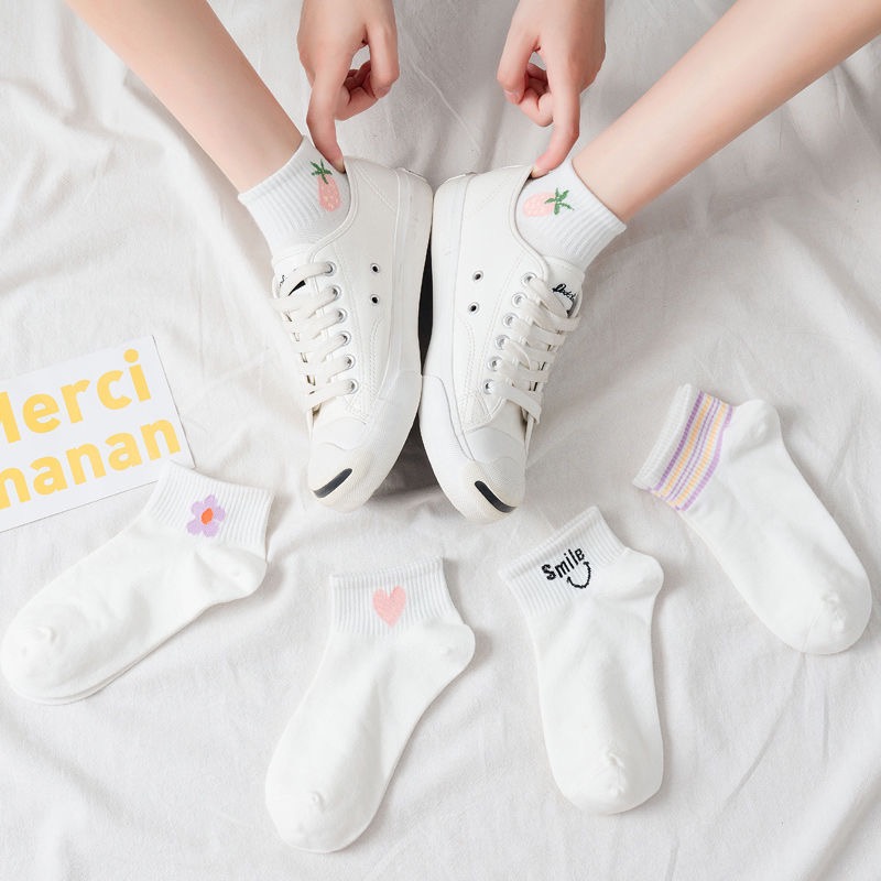 Bộ 5 đôi tất vớ nữ cổ ngắn trắng trơn cầu vòng Freesize
