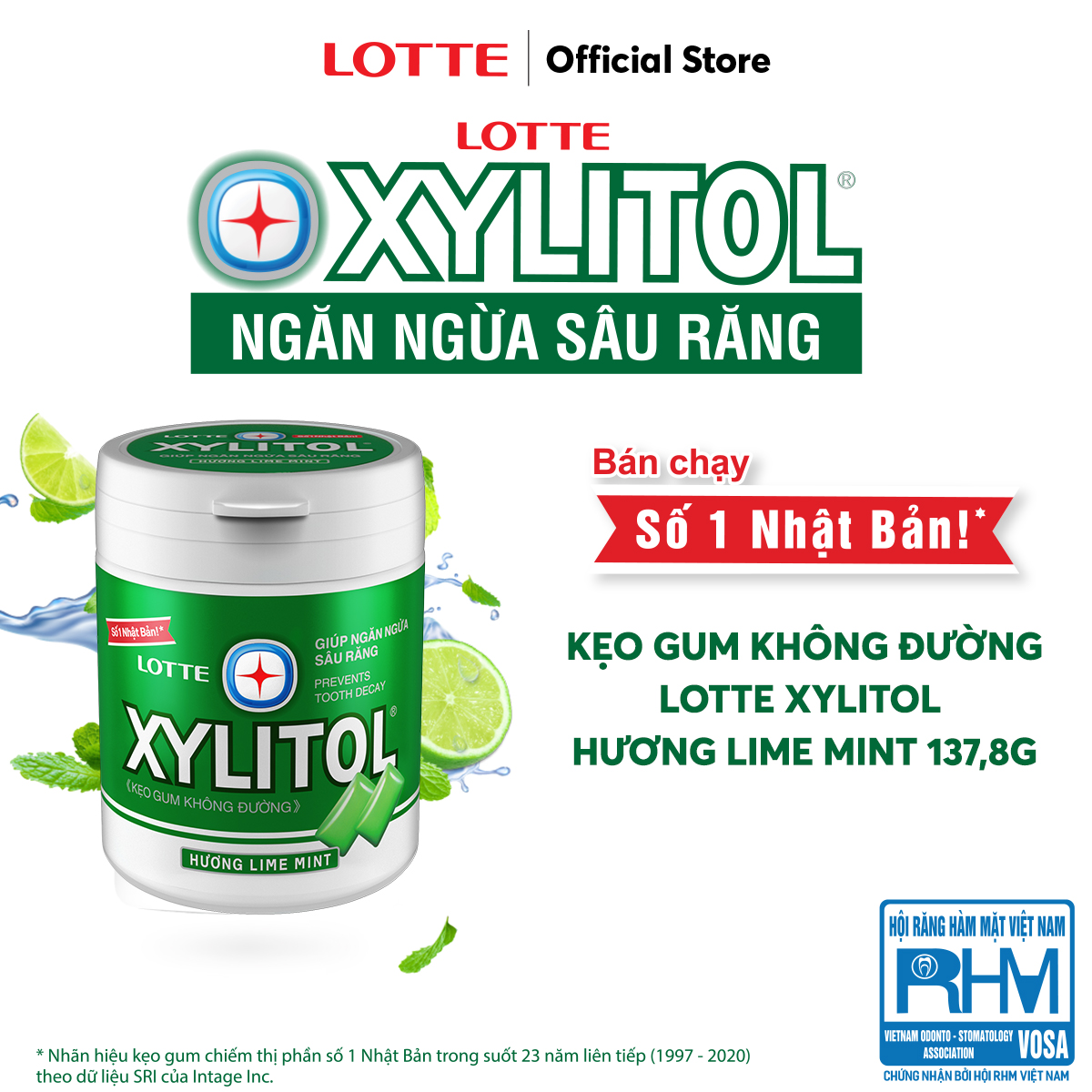 Combo 6 hũ Kẹo Gum không đường Lotte Xylitol - Hương Lime Mint 130,5 g