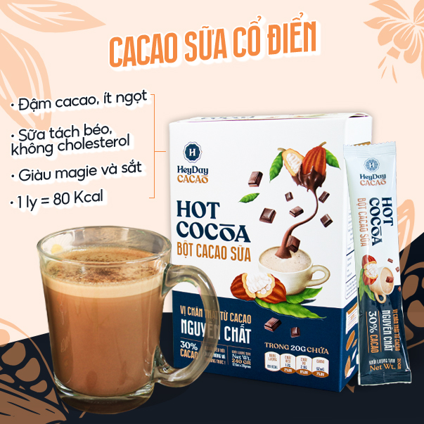 Bột Cacao Sữa gói tiện lợi 20g - Đậm vị chân thật từ cacao nguyên chất 