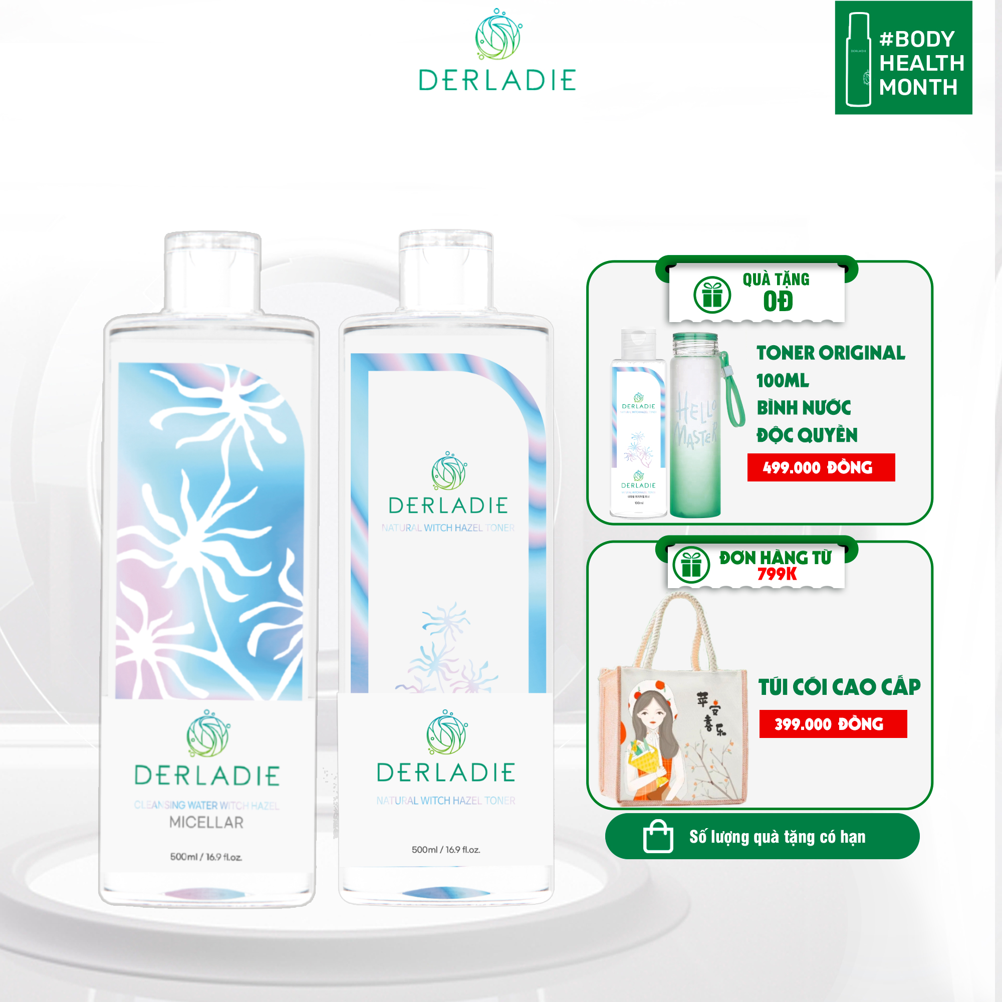 Bộ Đôi Làm Sạch, Cấp Ẩm Nước Tẩy Trang Derladie Cleansing Water Witch Hazel 500ml, Toner Derladie Natural Witch Hazel 500ml