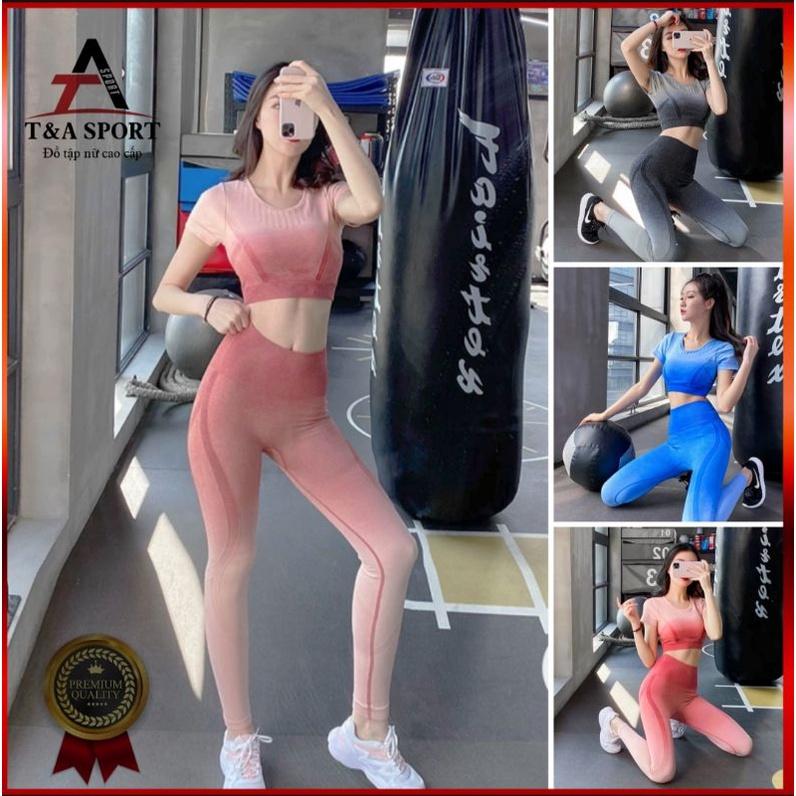 Bộ quần áo tập gym yoga thể thao nữ AMIN thông thoáng, co giãn, thoáng mát-( Set dệt loang cộc tay D20)