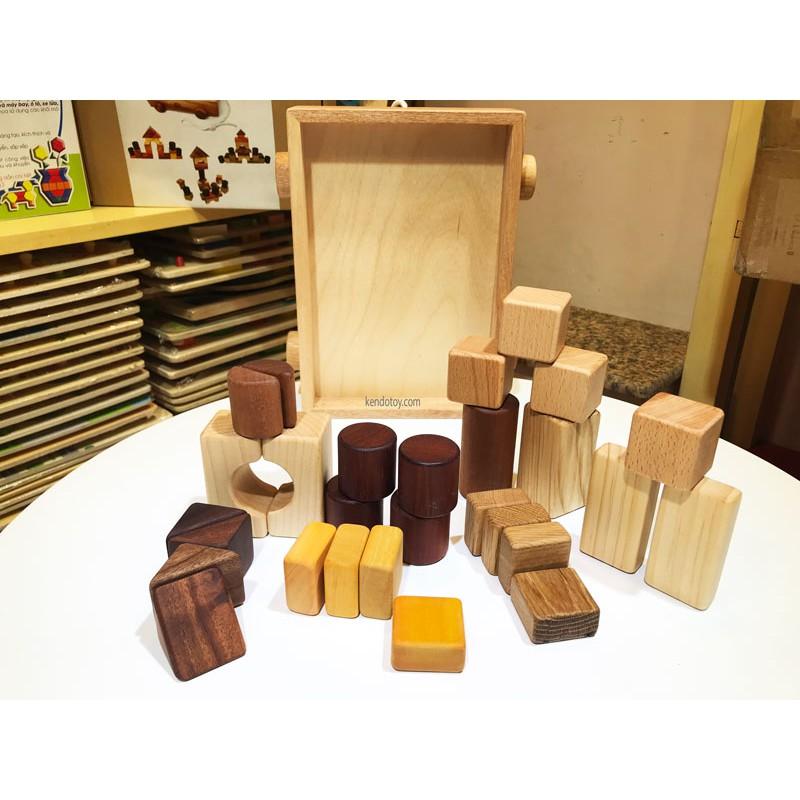 Bộ xếp khối gỗ 28 chi tiết trên xe gỗ vườn tự nhiên cao cấp, đồ chơi gỗ xếp hình sáng tạo mầm non an toàn