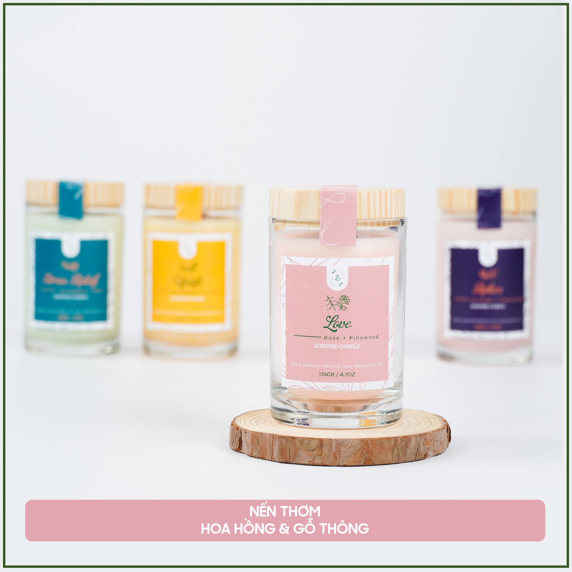 Nến thơm hương hoa hồng tinh dầu thiên nhiên cao cấp - Bấc gỗ, không khói - Sáp nành [Love Candle]