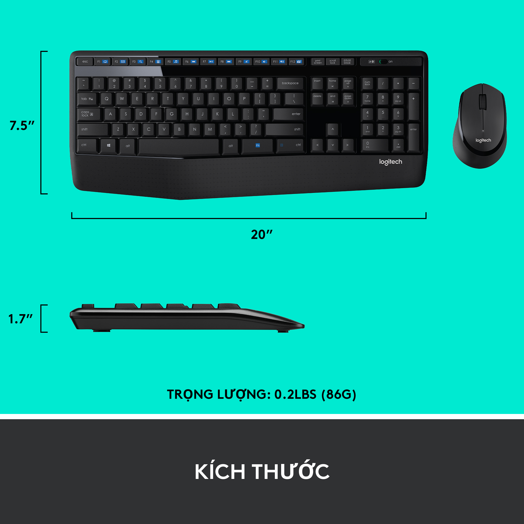 Combo chuột phím không dây Logitech MK345 - 1 đầu thu USB, pin lâu, chống tràn, fullsize - Hàng chính hãng