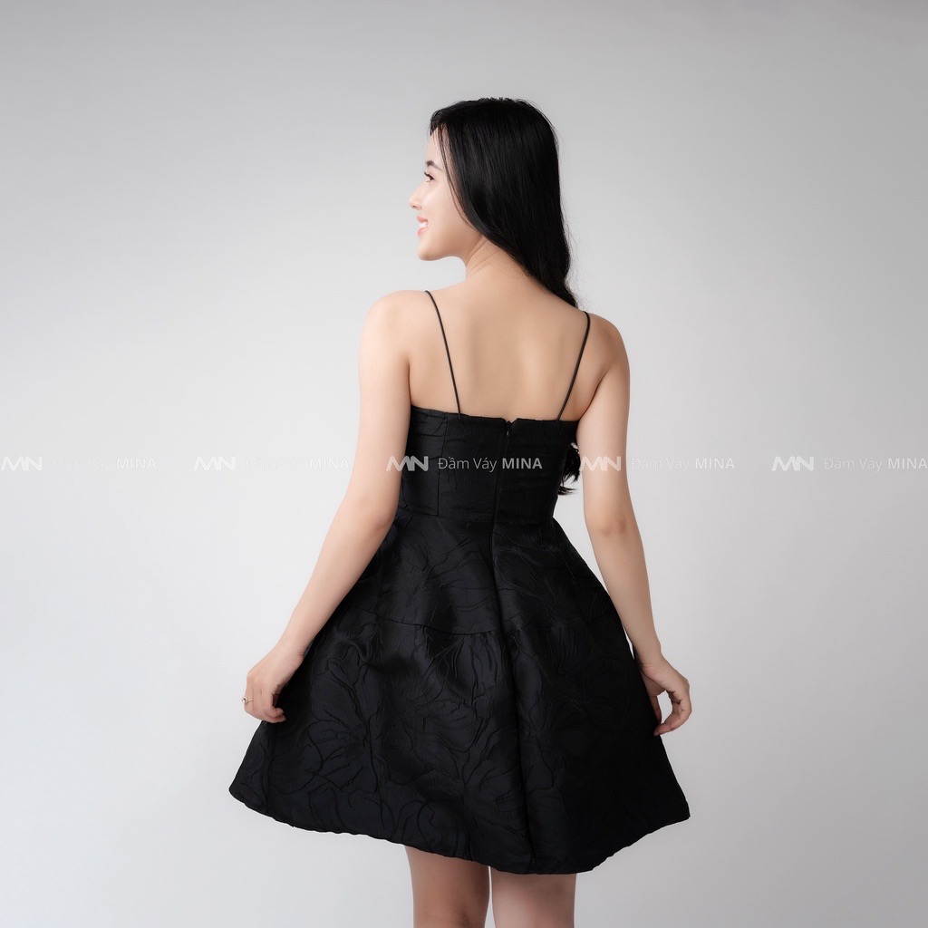 Đầm gấm đầm đen hai dây dáng xoè nơ ngực dự tiệc đi chơi dạo phố sang trọng (CÓ ĐỆM NGỰC) - MN127 - Đầm Váy Mina