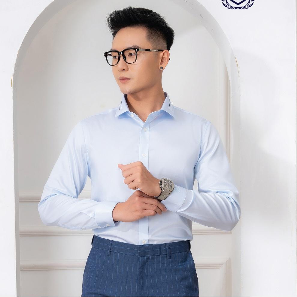 Hình ảnh Áo sơ mi nam dài tay ALIGRO cổ bẻ dáng ôm body 100% chất cotton chống nhăn xanh ALGS217