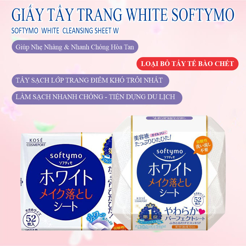 Khăn Giấy Tẩy Trang Dưỡng Trắng Mịn Da Kosé Softymo White Cleansing Sheet W (Gói Refill 52 miếng)