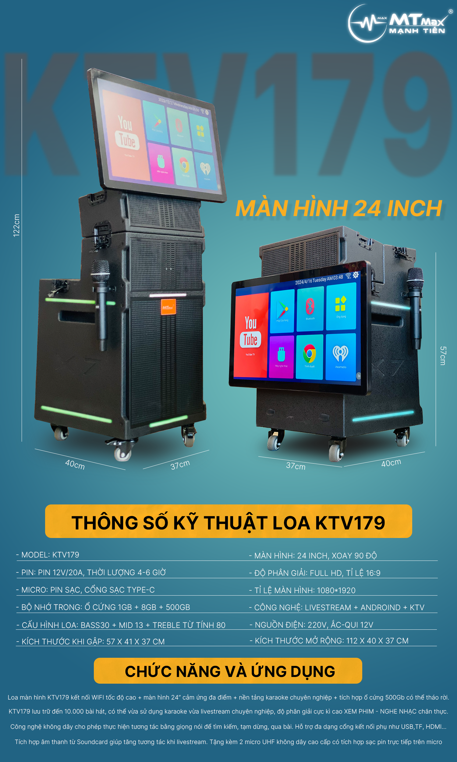 [ Hàng Mới Nhất 2024 ] Loa Karaoke Có Màn Hình KTV179 - Âm Thanh Cao Cấp Tích Hợp Màn Hình 25inch, Công Suất 700W Cùng Bass 30cm, Tặng Kèm 2 Micro Không Dây Bảo Hành 12 Tháng, Hàng Chính Hãng