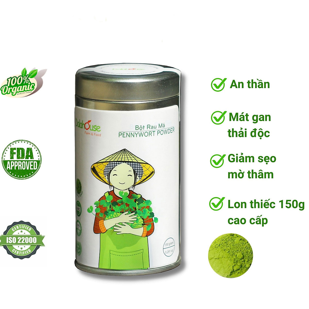 Bột Rau Má Hữu Cơ Nguyên Chất Dalahouse Lon 120g, Được Sấy Lạnh Tiêu Chuẩn Châu Âu, Hỗ Trơ Thanh Nhiệt, Thải Độc, Mát Gan Giảm Mụn, Đẹp Da, Kháng Khuẩn, Giảm Viêm – Hàng Chính Hãng