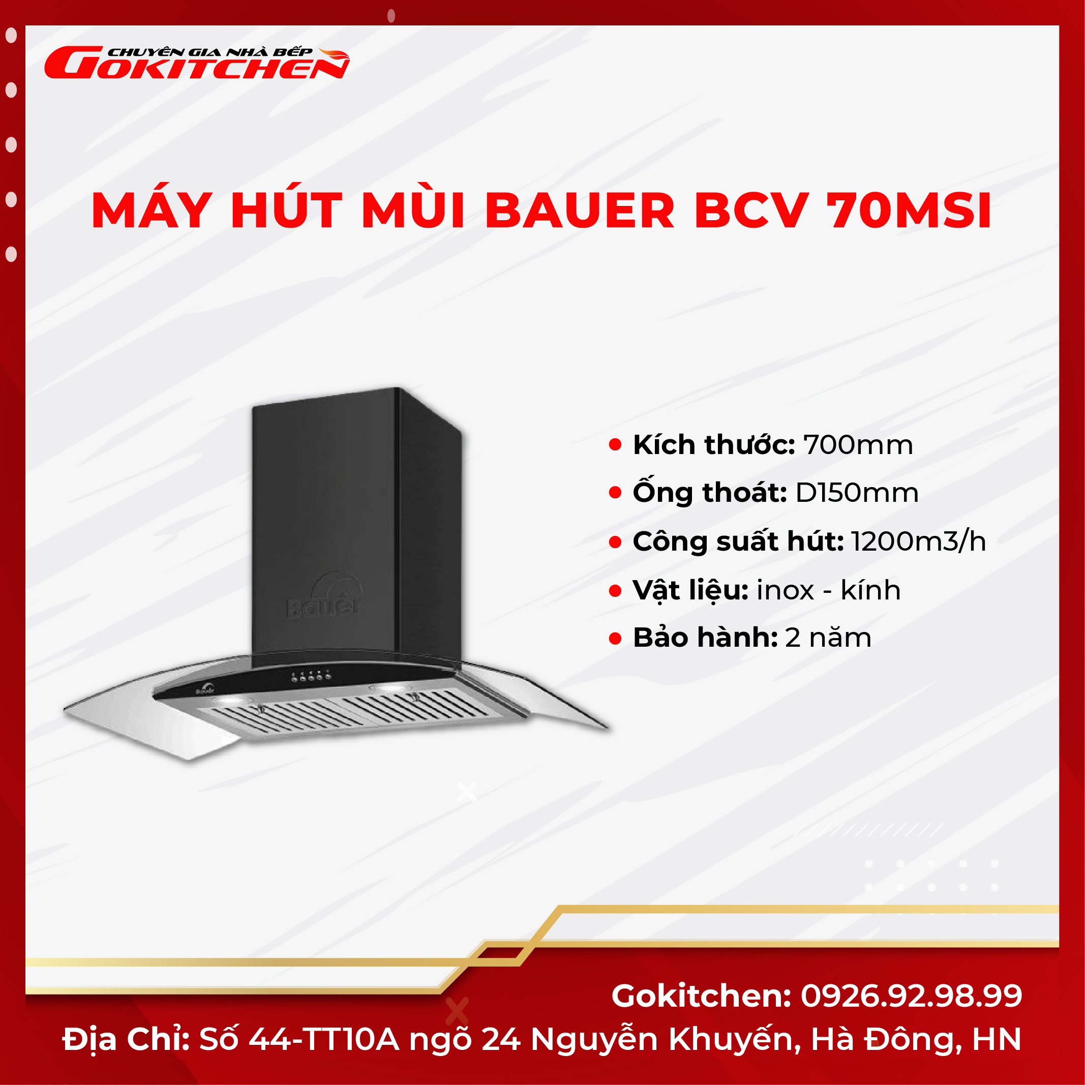 Máy hút mùi nhà bếp công nghệ tiên tiến BAUER BCV70MSI - Hàng chính hãng