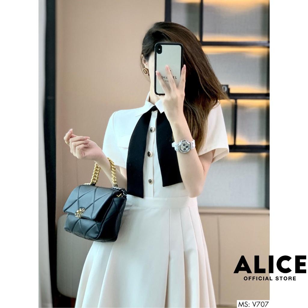 Váy Trắng Công Sở Tiểu Thư Dáng Xòe ALICE V707, Thiết Kế Tay Lỡ Phối Nơ Cổ Sang Chảnh