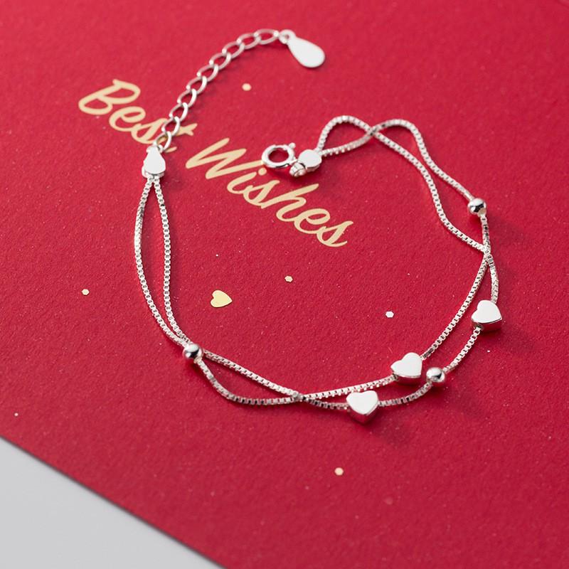 Lắc Tay Bạc Italy Dáng Kép Đính Tim Xinh Xắn L2614 - Bảo Ngọc Jewelry
