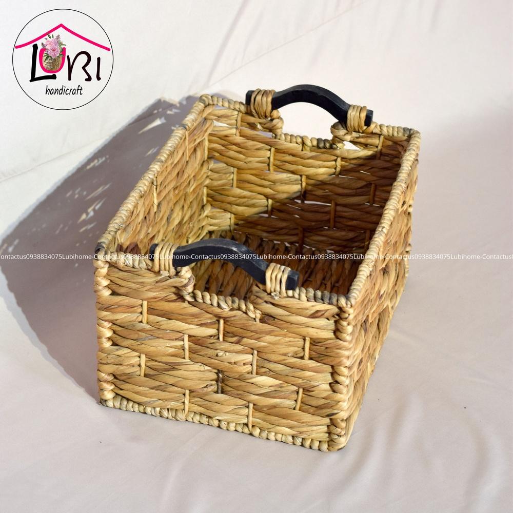 Lubihandicraft - Sọt đựng đồ đan lục bình hình chữ nhật quai gỗ - sang trọng