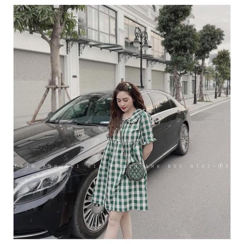 Váy babydoll kẻ xanh khoá dọc