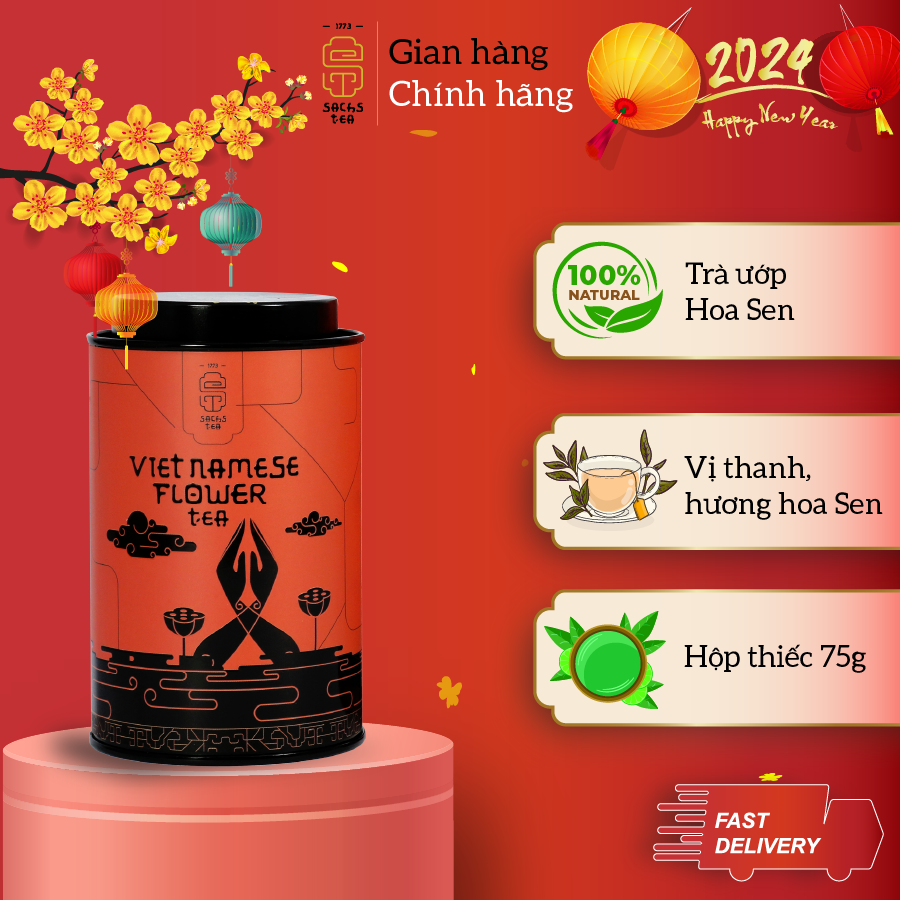 Trà sen Bách Diệp PVFT0075 SACHS TEA 1773 chè hữu cơ thái nguyên ướp hoa sen cao cấp 75g/hộp