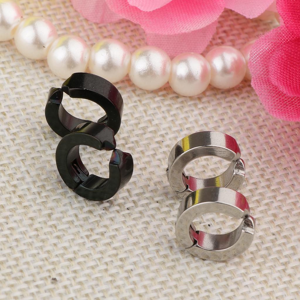 2 Pairs Stainless Steel Huggie Hoop Earrings Ear Clip Stud Unisex Hip Hop