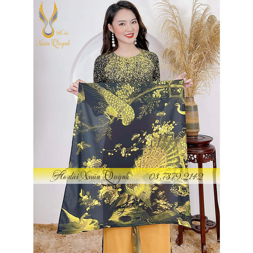 Áo Dài Phượng Hoàng Phối Chấm Bi Sang Trọng, Quý Phái Lụa Habutai Cao Cấp Mã K200 Đen