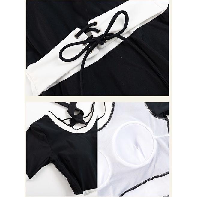 Bộ đồ bơi nữ liền mảnh váy có quần đùi trong đen viền trắng chất thun dày đẹp