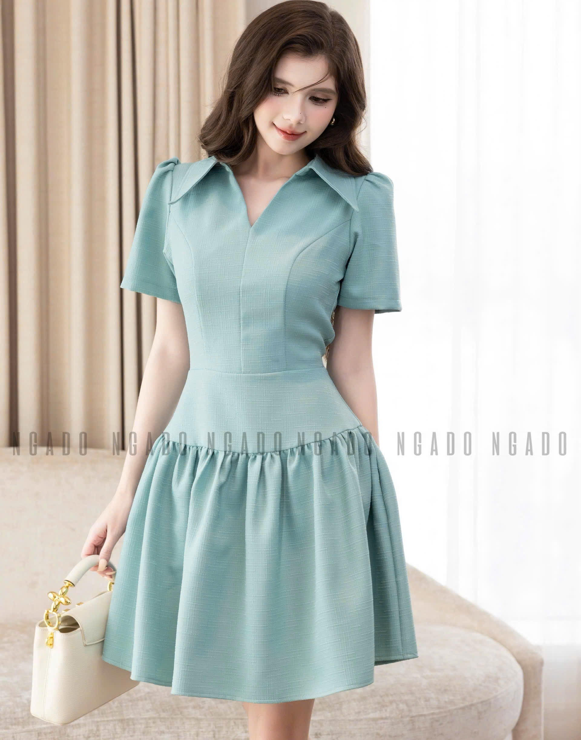 Đầm sơ mi xanh mint ngắn tay NGADO , đầm kiểu sơ mi , đầm nữ