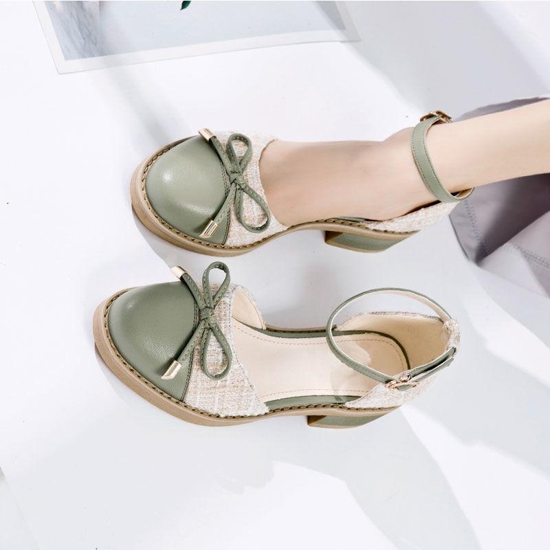 Heavy heel Baotou sandals female students Korean version 2021 summer new female online celebrity medium heel versatile shoes shallow shoes