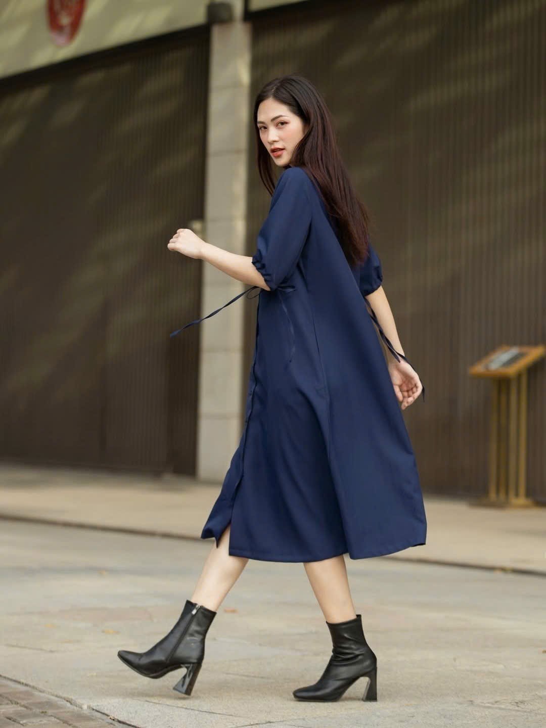 Đầm sơ mi xanh navy NGADO , đầm sơ mi rộng , đầm sơ mi Nữ