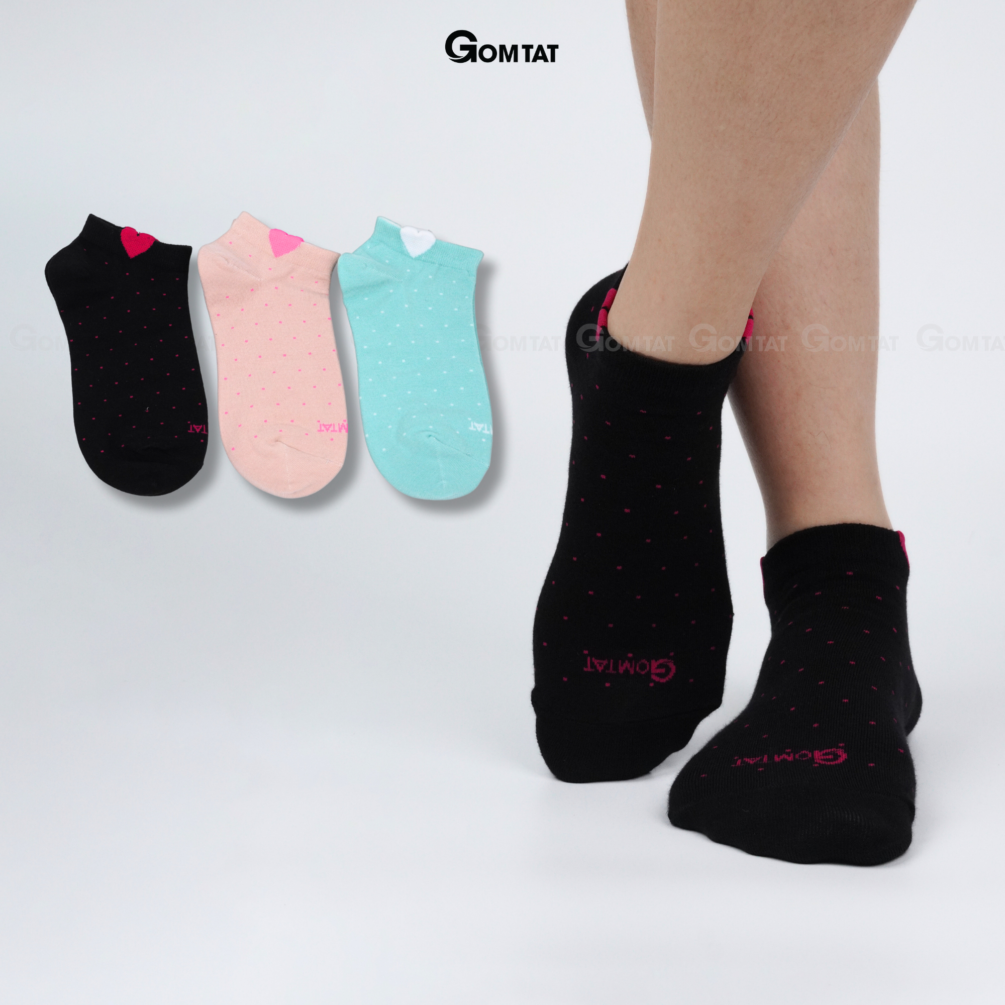 Tất Nữ cổ ngắn GOMTAT, Vớ Nữ họa tiết trái tim với chất liệu cotton cao cấp - NUNGAN-VSTAR-502