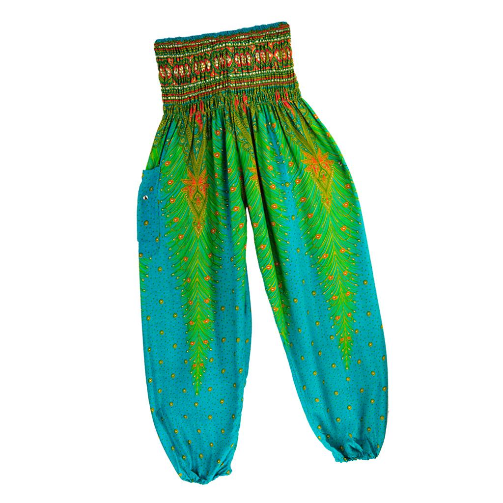 Women Fashion Colorful Peacock Shaped Casual Loose High Waist Long Yoga Pants with Pockets