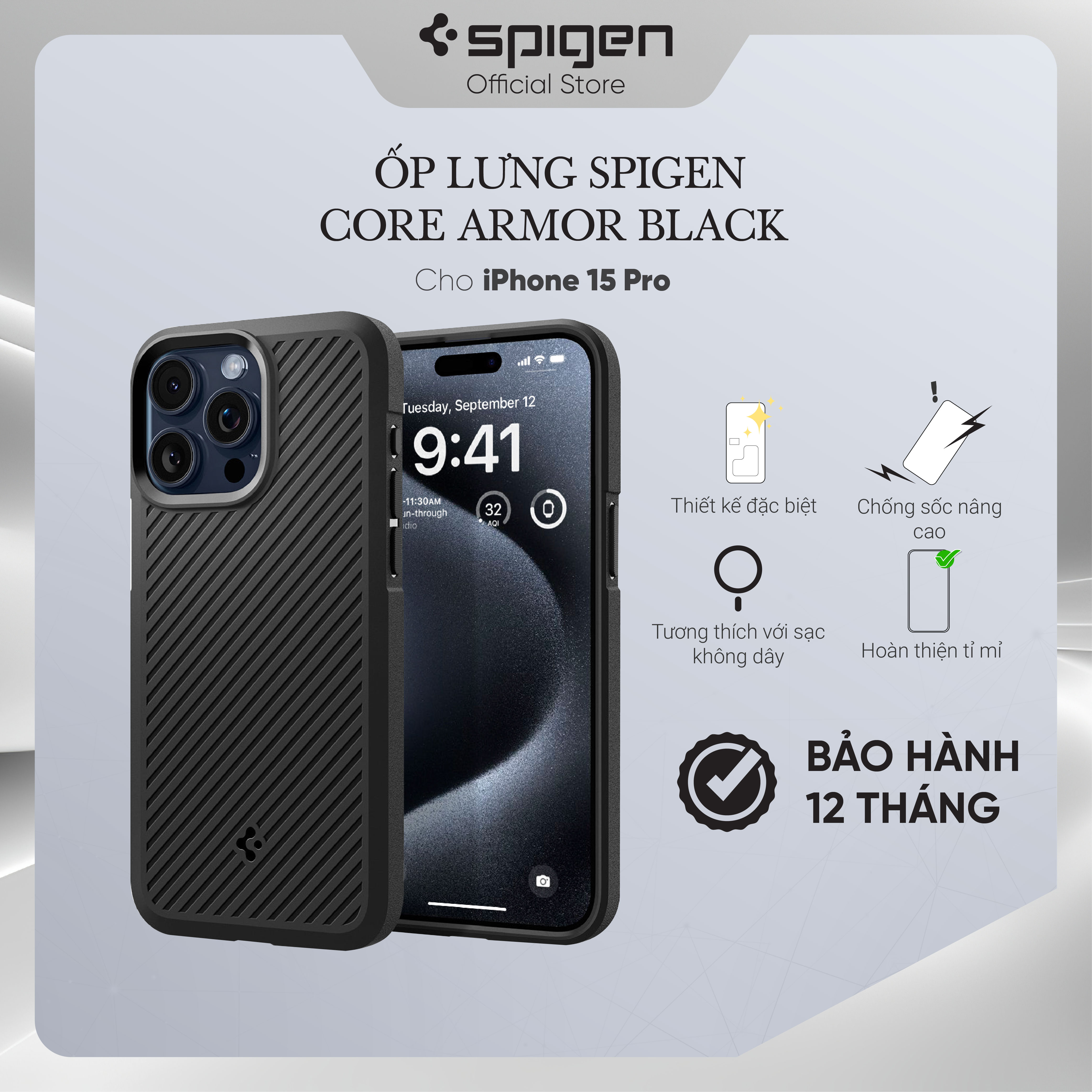 Ốp lưng cho iPhone 15 Pro Max/ 15 Pro/ 15 Plus/ 15 Spigen Core Armor Matte Black - Hàng chính hãng