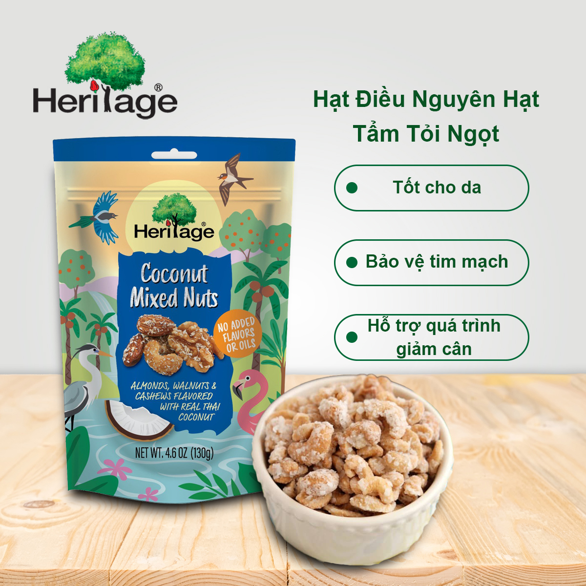 Hạt Hỗn Hợp : Hạnh Nhân, Hạt Điều , Óc Chó tẩm nước cốt dừa HERITAGE- Coconut Mixed Nuts