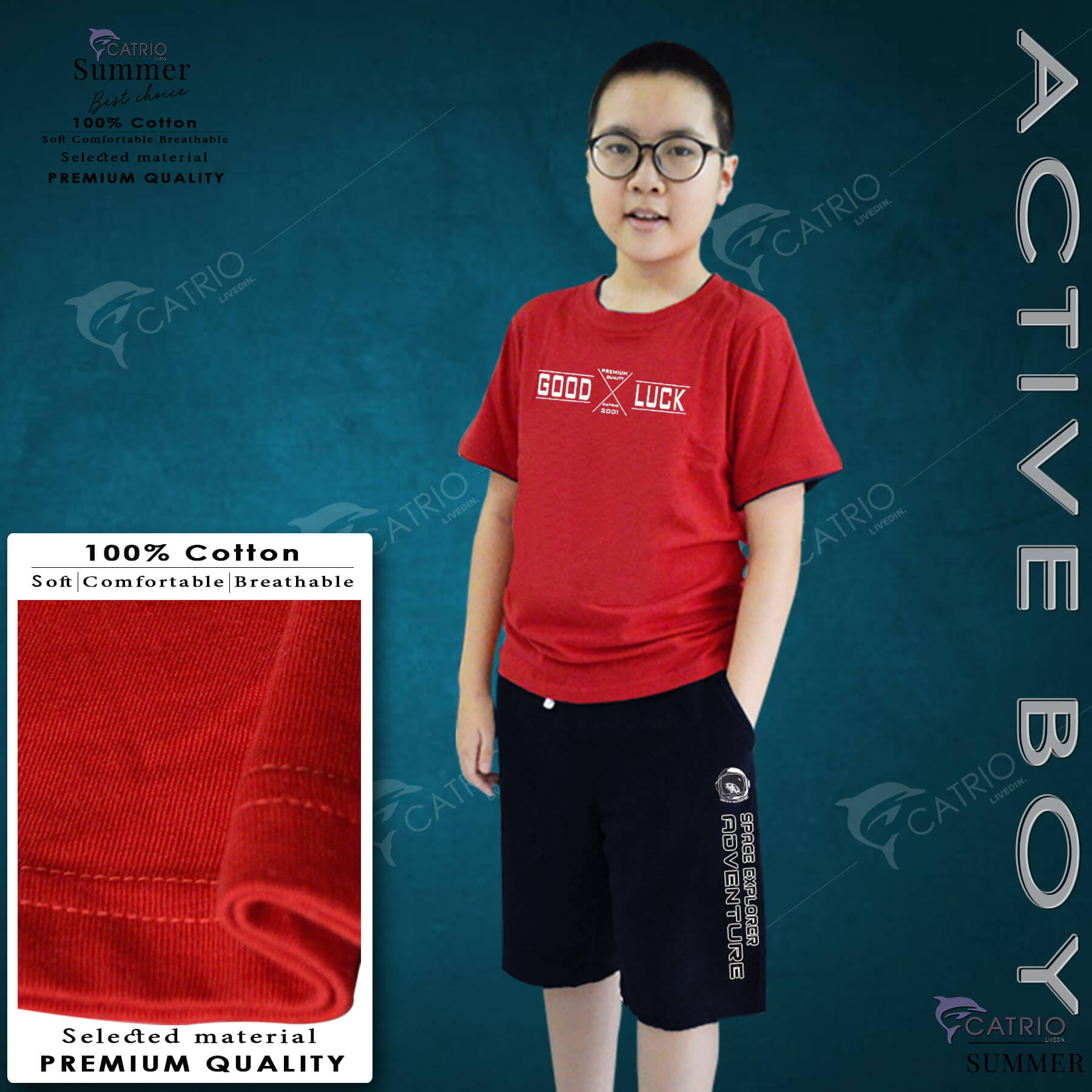ÁO THUN BÉ TRAI NGẮN TAY CATRIO in GOODLUCK màu là áo phông trẻ em từ 9 tuổi đến 18 tuổi màu ĐỎ, chất liệu 100% cotton an toàn, áo thun bé trai thuộc BST quần áo thời trang trẻ em CATRIO