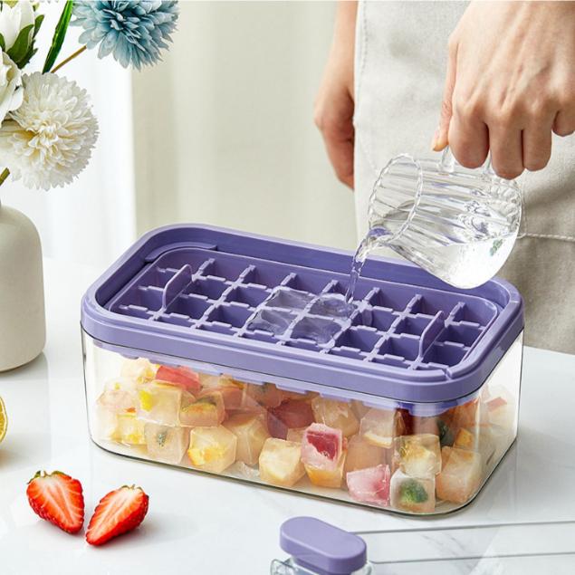 Khay làm đá, làm thạch thông minh 64 viên dạng nhấn kèm xẻng xúc đá tiện dụng chất lượng cao
