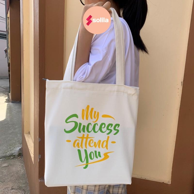 Túi tote bag vải canvas mềm đẹp có khóa và túi phụ cho bạn nữ đi học đi làm thời trang hàn quốc