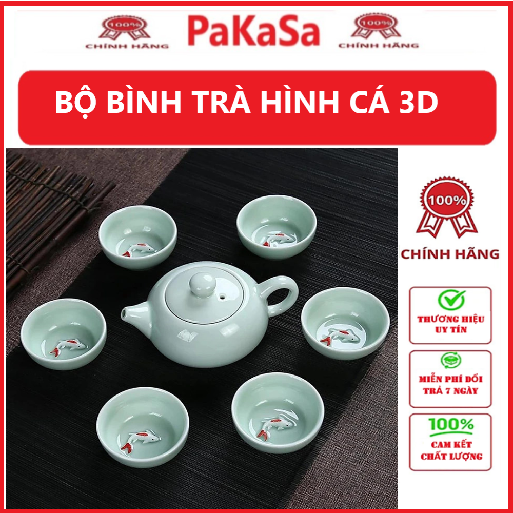 Bộ Ấm chén Ngọc 3D Hình Cá Gồm 1 Ấm và 6 Tách Uống Trà -  Hàng chính hãng 