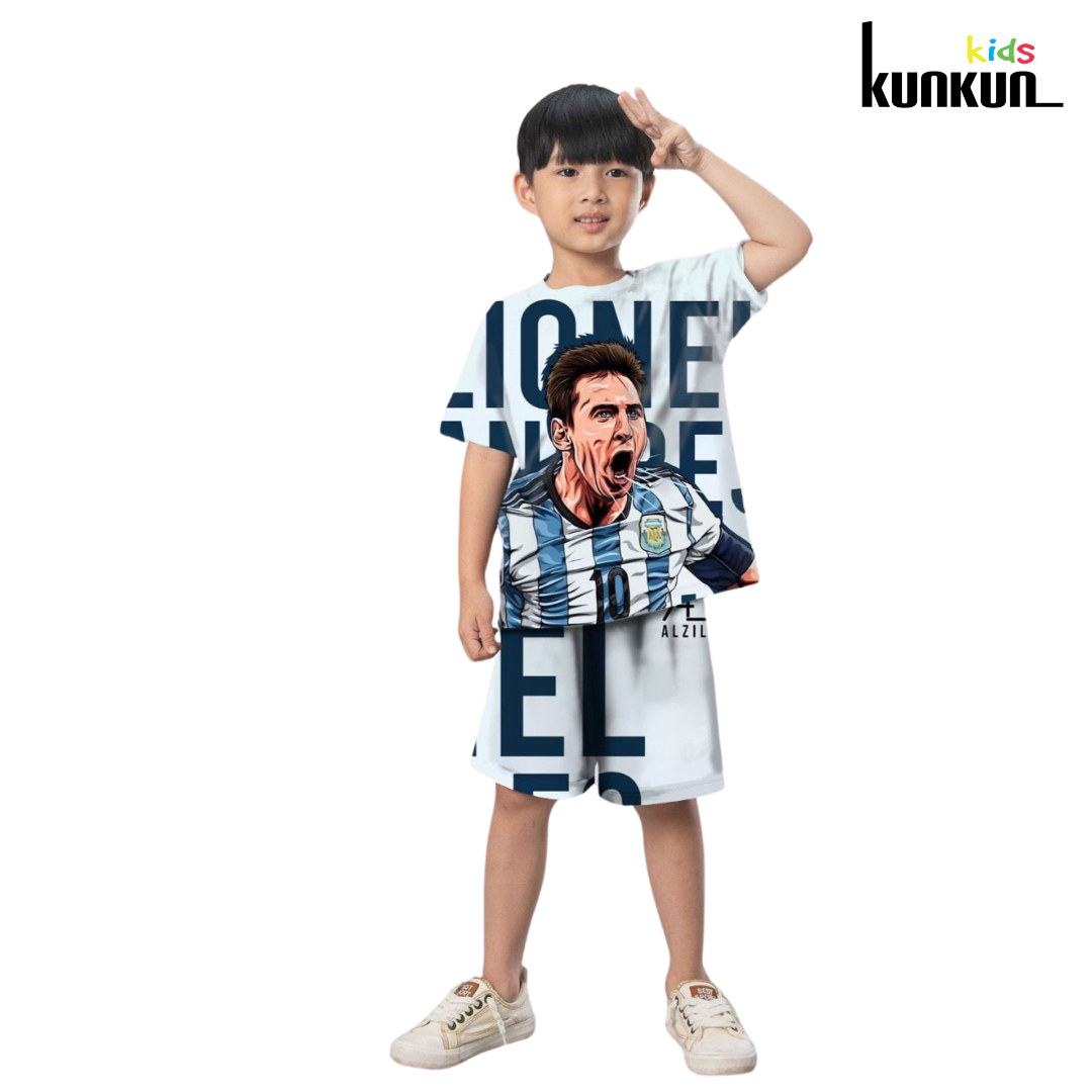 Quần áo bé trai thể thao KUNKUN KID TT021-25 chất Thun lạnh in 3d hình cầu thủ bóng đá, size đại cho trẻ em từ 10-60kg