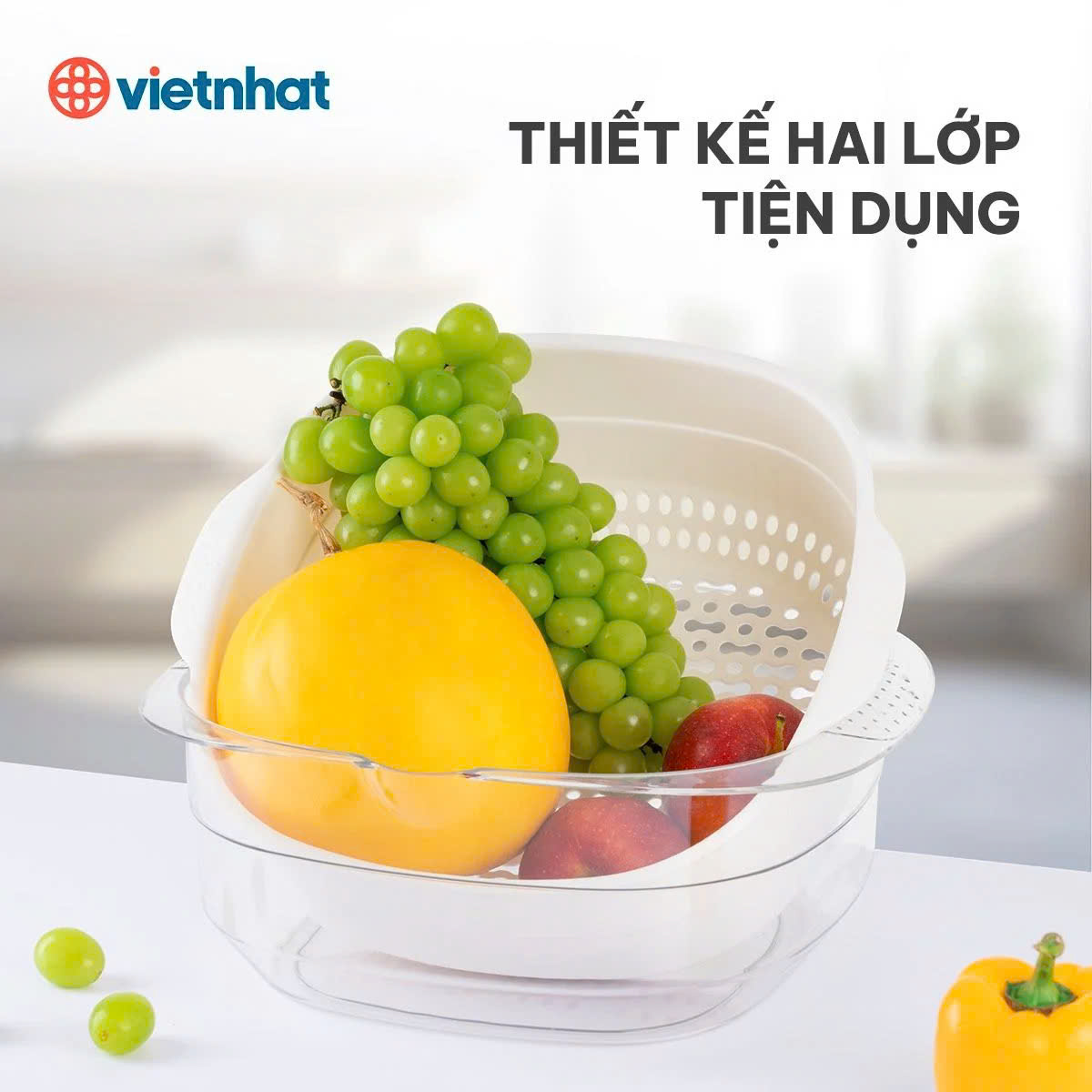 Bộ thau rổ vuông trung HOKORI 2338 nhựa VIỆT NHẬT cao cấp - Rửa rau củ quả, trộn thực phẩm - Hàng Chính hãng