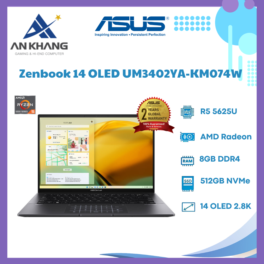 Laptop Asus Zenbook 14 OLED UM3402YA-KM074W (Ryzen 5-5625U | 8GB | 512GB | Radeon Graphics | 14 inch 2.8K | Windows 11 | Jade Black) - Hàng Chính Hãng - Bảo Hành 24 Tháng
