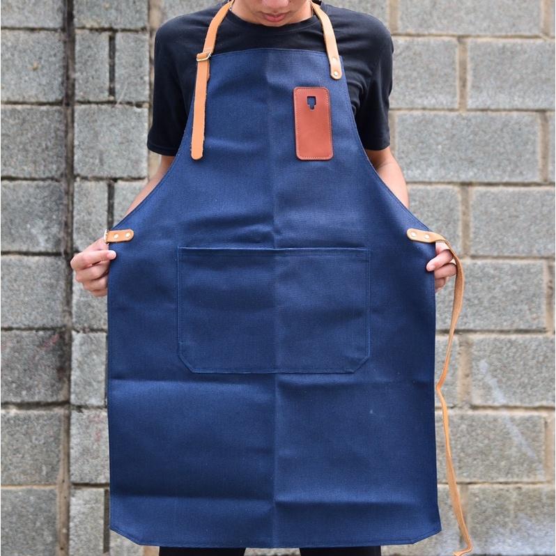 Tạp dề pha chế vải canvas dây da của Junsleather phối da bò cao cấp dành cho Barista/Bartender quán cà phê