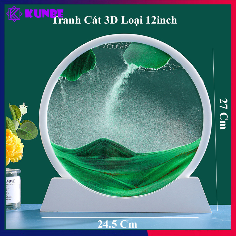Tranh Cát Chảy Chuyển Động 3D Kunbe Nhiều Mẫu Trang Trí Nhà Cửa Bàn Làm Việc, Giảm Stress - Màu Xanh Lá - Tròn Viền Trắng12Inc